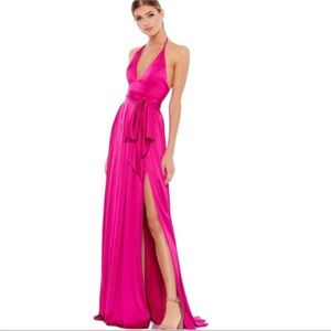 Ieena for Mac Duggal Pleated Charmeuse Halter Gown Belted Magneta Halter Size 10